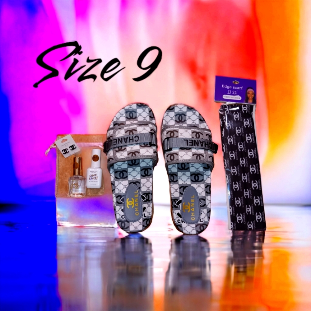 Designer Slippers, Matching Hairband, Earrings and White and Clear Nail Polish